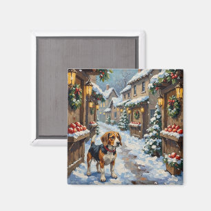 Aimant Vieux Beagle sur un marché de Noël enneigé