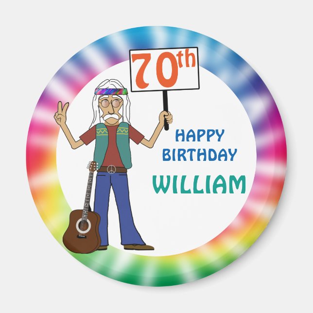 Aimant Vieux Hippie Hippy Tie Dye 70e fête d'anniversaire (Devant)