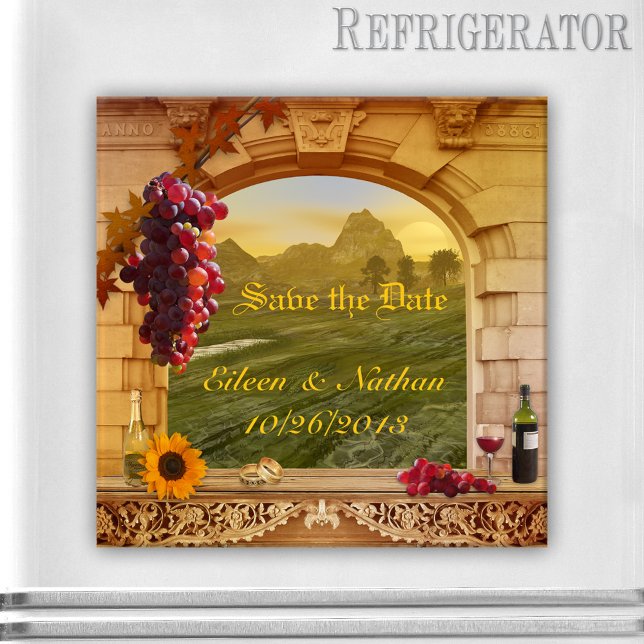 Aimant Vignoble italien vintage automne Enregistrer la da (Save the Date magnet featuring a fall winery or vineyard with Roman arch, grapes, wine and sunflower)