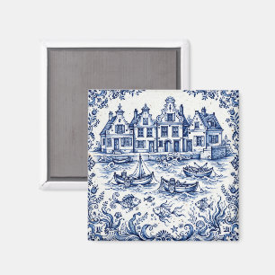 Aimant Ville de Delft & Port de Pêche Bleu Cobalt Blanc