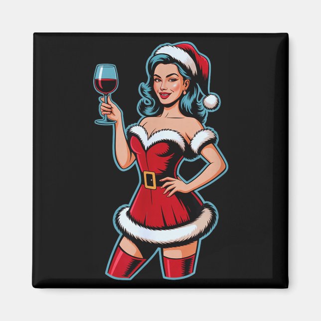 Aimant Vin de Noël Santa Fille Fête de Vacances Drôle de  (Devant)