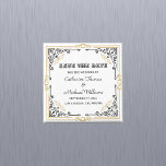 Aimant Vintage Art Déco Elégant Black White Gold Mariage<br><div class="desc">Ce style design s'inspire du mouvement Art déco des années 1920 et 1930, caractérisé par des formes géométriques, des accents dorés, des formes noires et blanches et des polices élégantes. Un thème mariage noir et blanc est classique et intemporel. Il allie élégance et simplicité, créant une atmosphère sophistiquée. Le contraste...</div>