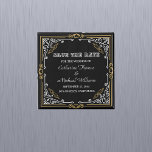 Aimant Vintage Art Déco Elégant Black White Gold Mariage<br><div class="desc">Ce style design s'inspire du mouvement Art déco des années 1920 et 1930, caractérisé par des formes géométriques, des accents dorés, des formes noires et blanches et des polices élégantes. Un thème mariage noir et blanc est classique et intemporel. Il allie élégance et simplicité, créant une atmosphère sophistiquée. Le contraste...</div>