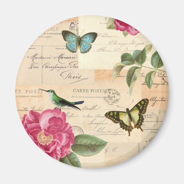 Aimant vintage avec roses et papillons (Devant)