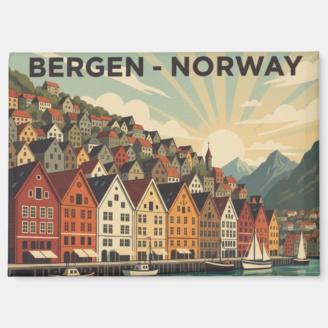Aimant Vintage Bergen Norvège Voyage (Recto)