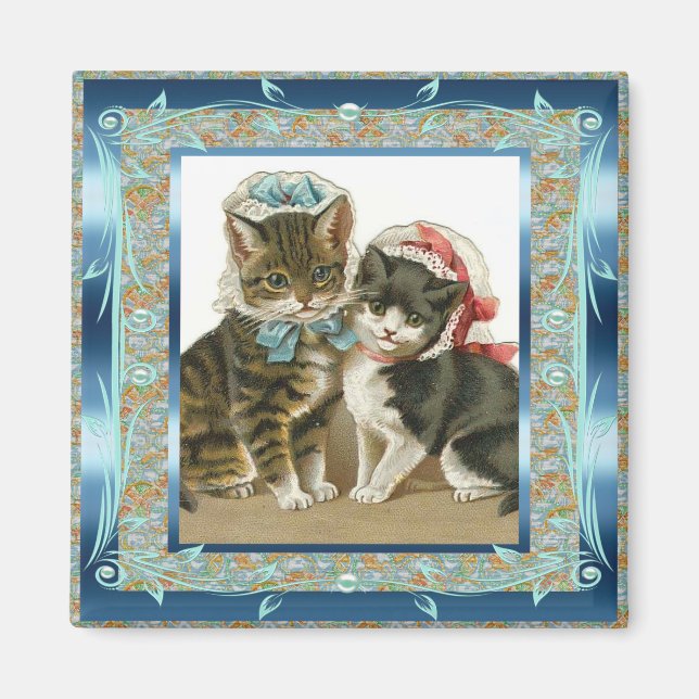 Aimant Vintage Bleu Sarcelle Chats Vintage (Devant)