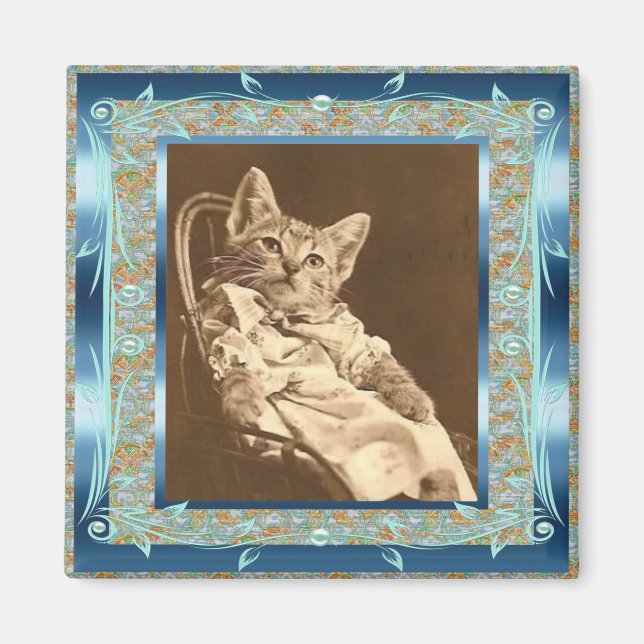 Aimant Vintage Bleu Sarcelle Chats Vintage (Devant)
