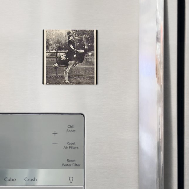 Aimant Vintage Broadway Actrice chevauchant une autruche (In situ (réfrigérateur))