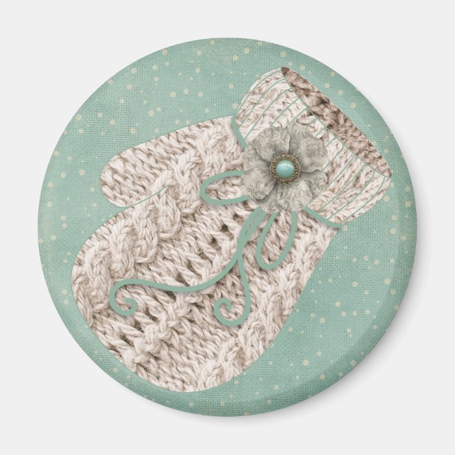 Aimant Vintage câble d'hiver tricot mitten gris bleu (Devant)