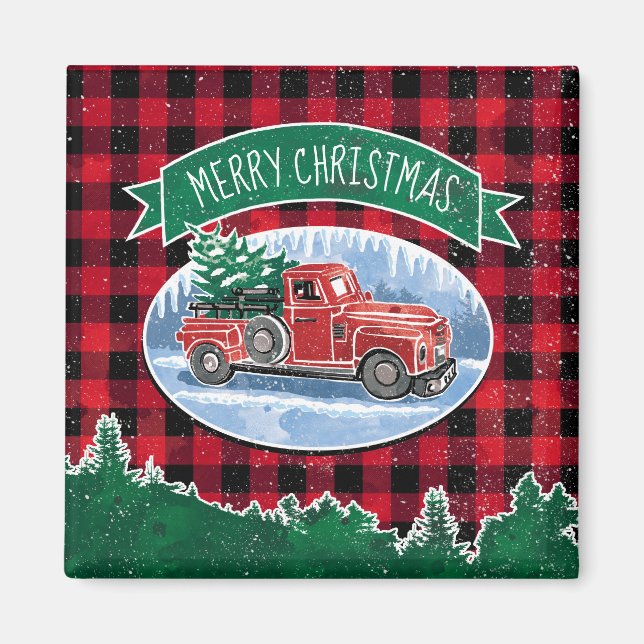 Aimant Vintage Camion Rouge Buffalo Plaid Joyeux Noël (Devant)