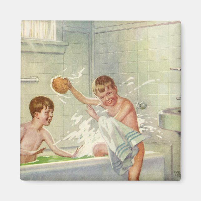 Aimant Vintage Children, Boys Brothers Splashing in Tub (Devant)