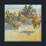 Aimant Vintage Cowboy, Downing the Nigh Leader, Remington<br><div class="desc">Downing the Nigh Leader (1907) by Frederick Remington is a vintage fine art American West painting. A stagecoach driven by cowboys is being ambushed by brave Native American Indian Warriors riding fast horses. About the artist: Frederic Sackrider Remington (1861-1909) was an American painter, illustrator, sculptor, and writer who specialized in...</div>