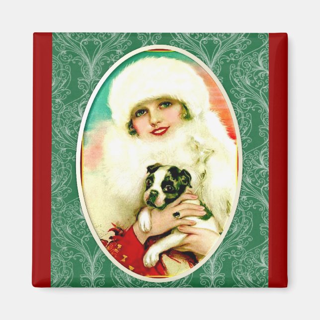 Aimant Vintage dame avec Boston Terrier (Devant)