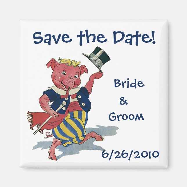 Aimant Vintage drôle cochon dansant, Sauvegarder la date  (Devant)