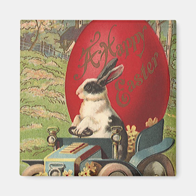 Aimant Vintage drôle Pâques, Lapin Rabbit Oeuf Automobile (Devant)