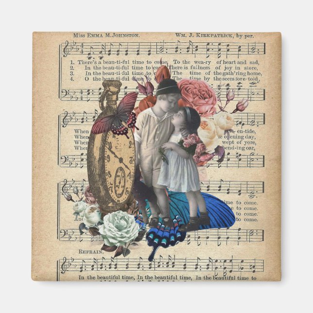 Aimant Vintage Enfants & Collage Floral (Devant)