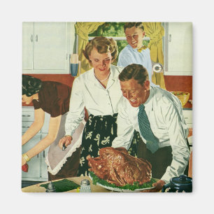 Aimant Vintage Family Cooking Thanksgiving Dinner Kitchen