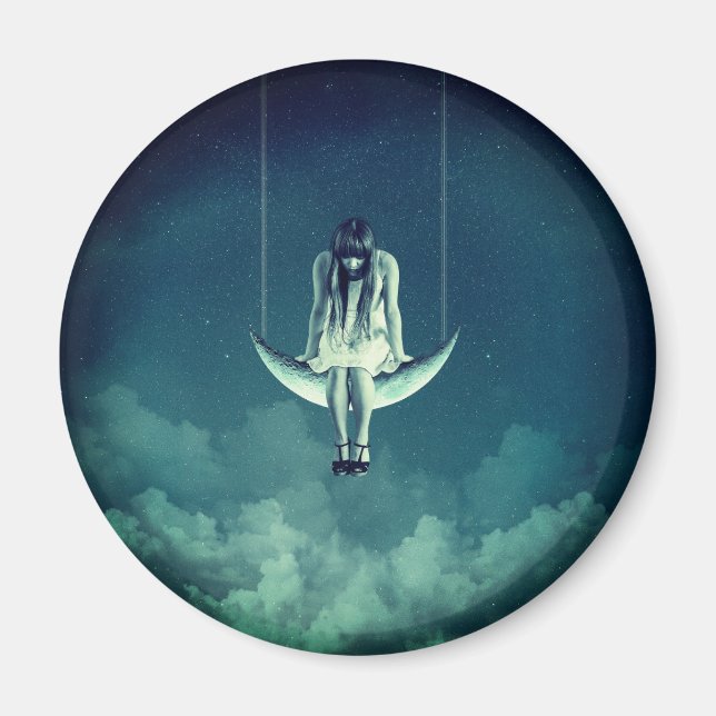 Aimant Vintage fille croissant lune gothique bleu blanc (Devant)