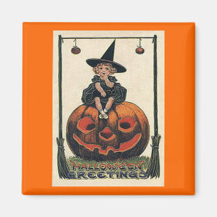 Aimant Vintage fille d'Halloween sur Jack o'Lantern