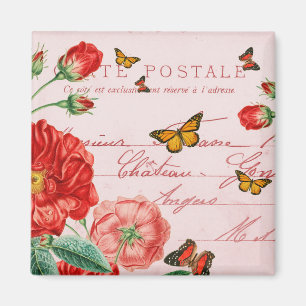 Aimant vintage floral français avec fleur rouge