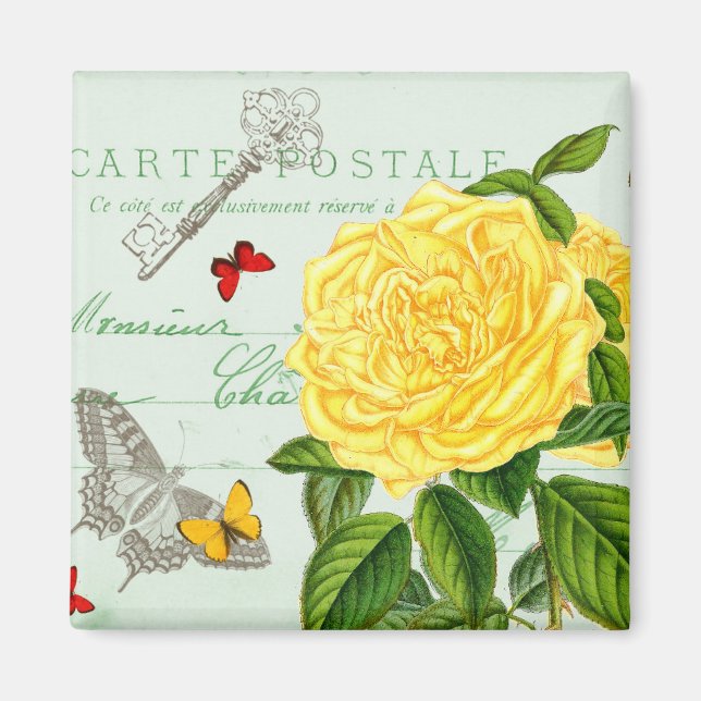 aimant vintage floral français avec rose jaune (Devant)