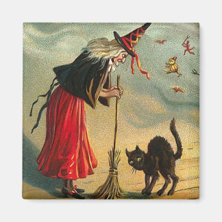 Aimant Vintage Halloween Art - Chat rencontre la sorcière