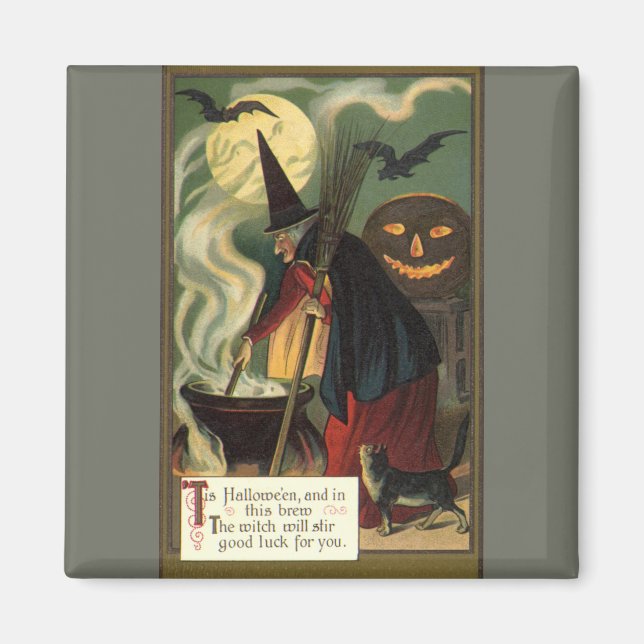 Aimant Vintage Halloween sorcière Stirring Magique Cauldr (Devant)