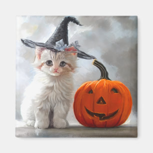 Aimant Vintage Halloween White Kitten et Jack-o' lantern