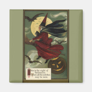 Aimant Vintage Halloween Witch Riding Broomstick with Cat