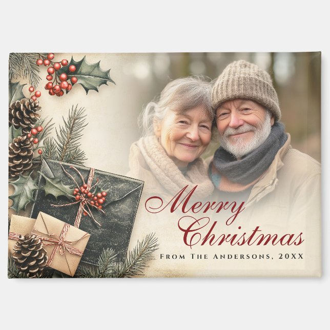 Aimant Vintage Holly Berries Beige Photo Noël (Recto)