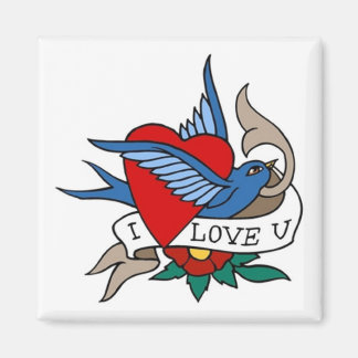 Aimant Vintage I Love U Bird, Heart Tattoo Art