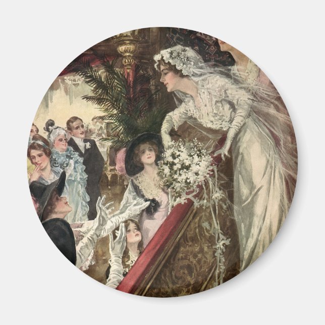 Aimant Vintage Newlyweds, Victorian Bride Tossing Bouquet (Devant)