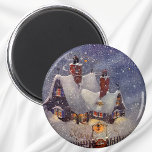 Aimant Vintage Noël, Atelier du Père Noël Pôle Nord<br><div class="desc">Illustration vintage Joyeuse image de Noël montrant l'atelier du Père Noël au pôle Nord lors d'une tempête de neige le soir de Noël. La maison a deux cheminées pour garder chaud et douillet pendant la neige d'hiver. Toutes les lumières sont allumées et des flocons de neige tombent sur cette nuit...</div>