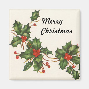 Aimant Vintage Noël, Holly Plante avec les baies rouges