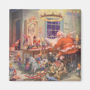 Aimant Vintage Noël, Santa Claus avec Elves Atelier