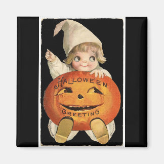 Aimant Vintage petite fille avec grand Citrouille Hallowe