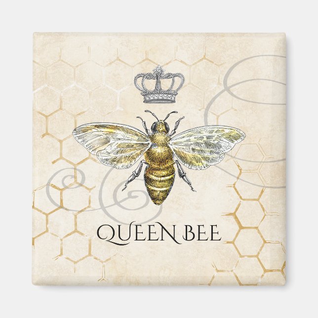 Aimant Vintage Queen Bee Royal Crown Honeycomb Beige (Devant)