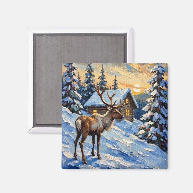 Aimant Vintage Reindeer by Snowy Cabin Christmas Painting (Recto/Verso)
