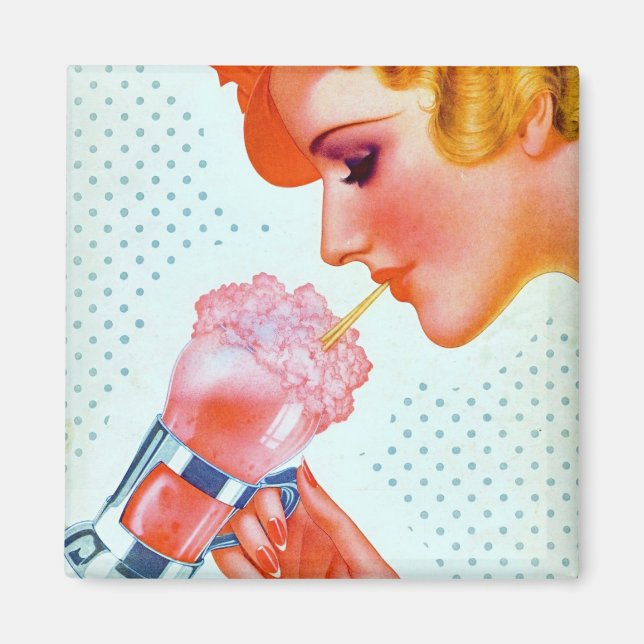 Aimant Vintage Retro Woman Boire Milkshake rose 1930 (Devant)