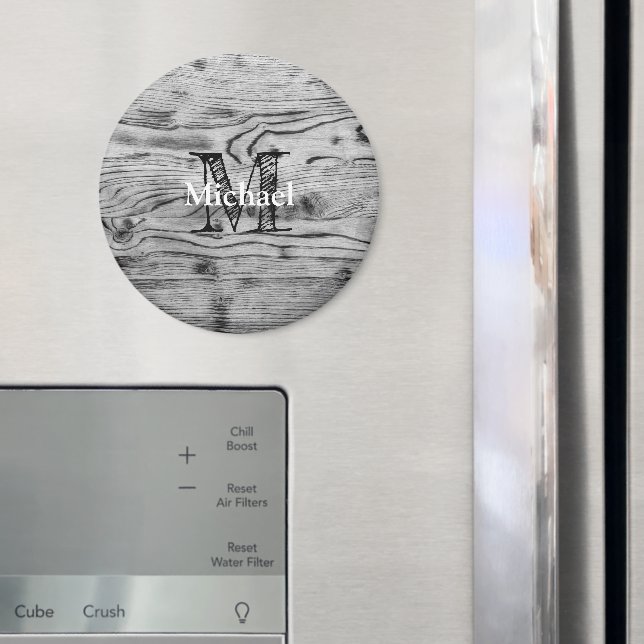 Aimant Vintage rustique gris noir bois brûlé Monogramme (In situ (réfrigérateur))