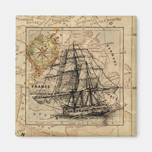 Aimant Vintage Sailing Ship and Old European Map