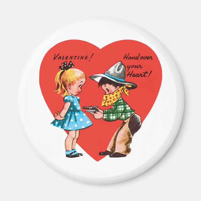 Aimant Vintage Saint Valentin, Fille avec Cowboy (Devant)