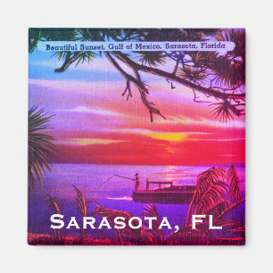 Aimant Vintage Sarasota, FL Beach Sunset - Golfe du Mexiq