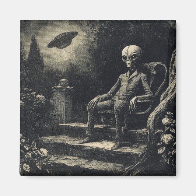 Aimant Vintage Space Alien et UFO Antique Engraving (Devant)