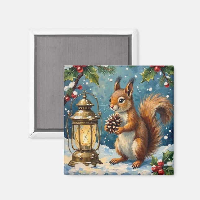 Aimant Vintage Squirrel with Christmas Lantern Winter (Recto/Verso)