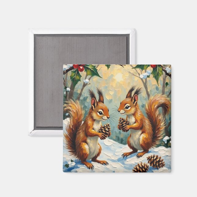 Aimant Vintage Squirrels Gathering Pinecones Christmas (Recto/Verso)