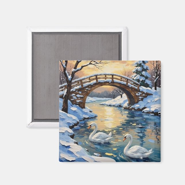 Aimant Vintage Swan Family Under Snowy Bridge Painting (Recto/Verso)