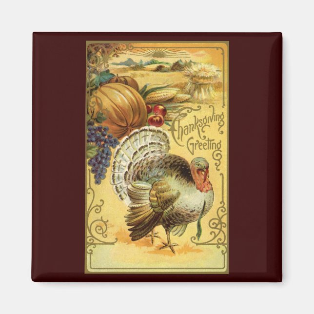Aimant Vintage Thanksgiving Greeting with a Turkey (Devant)