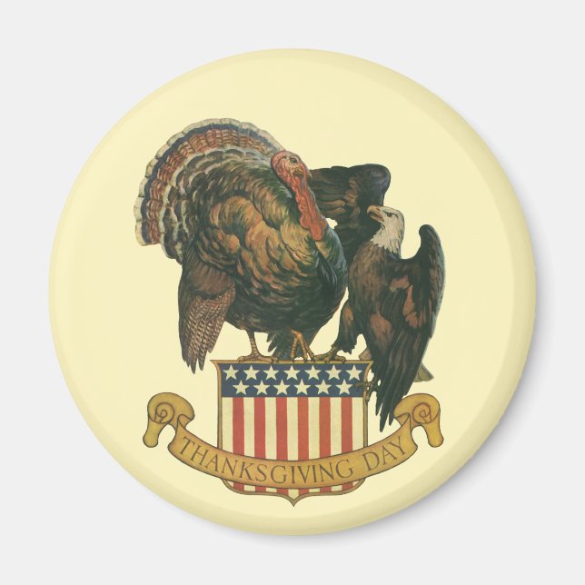 Aimant Vintage Thanksgiving Turkey, Eagle, American Flag (Devant)