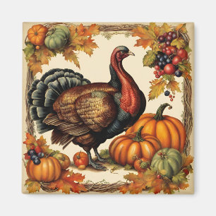 Aimant Vintage Thanksgiving Turquie, fruits et Citrouille